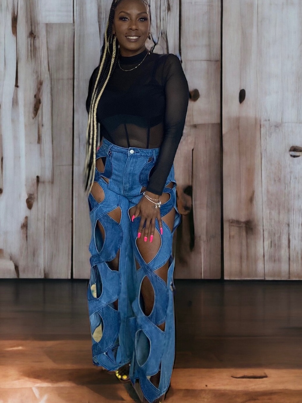 Cutout Wide-Leg Jeans in Blue
